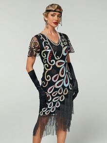 Women's 1920s Vintage Fringed Sequin Mesh Short Sleeve Cocktail Dress - Black - View 6