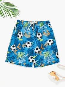 SHEIN Tween Boys' Loose-Fit Leisure Football Patterned Woven Swim Trunks