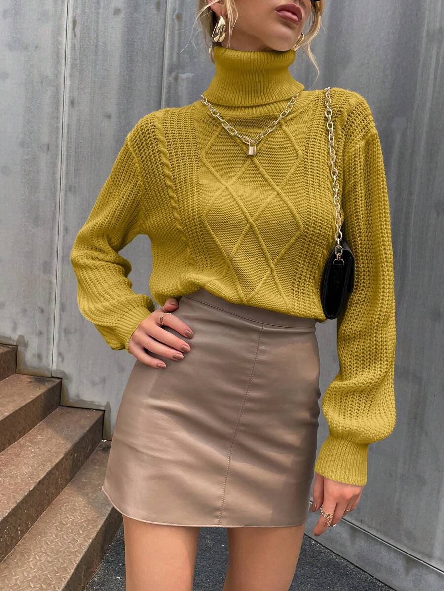 SHEIN Clasi 高领长袖套头针织衫秋冬毛衣 - 黃色 - 查看 1
