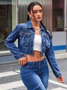 SHEIN ICON 女式水洗牛仔夾克,採用褶皺口袋設計 - 深色水洗藍 - 查看 1