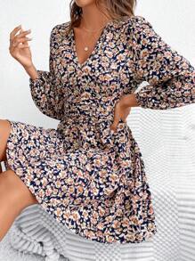 SHEIN Frenchy Floral Print V-Neck A-Line Dress With Waist Yoke - Navy Blue - View 1