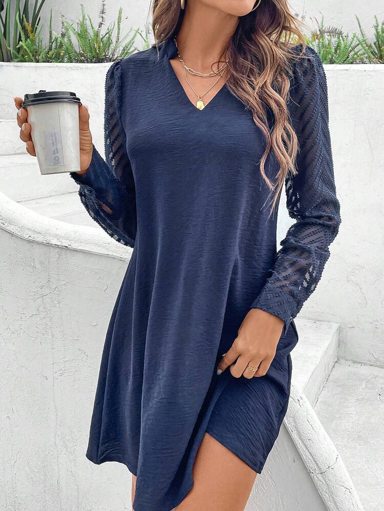 Women'S V-Neck Mesh Panel Splicing Long Sleeve Dress Winter Casual Blue