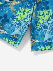 SHEIN Tween Boys' Loose-Fit Leisure Football Patterned Woven Swim Trunks