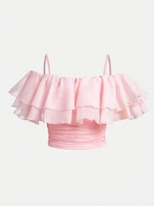 SHEIN Girlism Tween Girl'S Ruffle Trimmed Pleated T-Shirt - Pink - View 1