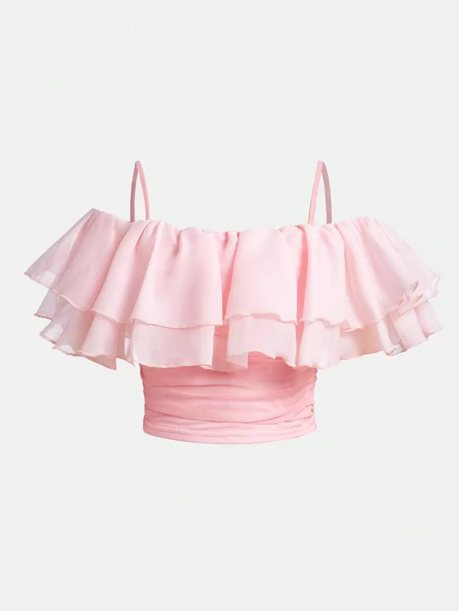SHEIN Girlism Tween Girl'S Ruffle Trimmed Pleated T-Shirt - Pink - View 1