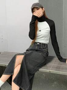 DAZY Washed High-Low Hem Loose-Fit Denim Skirt With Slanted Pockets