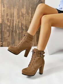 新款女式流行靴,厚跟,圓頭,帶扣,秋冬季舒適百搭高跟靴 - 棕色 - 查看 2