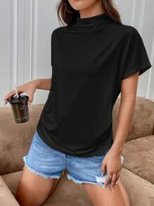 SHEIN Essnce 女士立領短袖t恤 - 黑色 - 查看 4