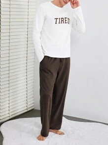SHEIN Cottnline Men's Letter Print Long Sleeve T-Shirt And Pants Homewear Set - Brown - View 5