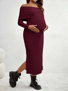 SHEIN Maternity Off-Shoulder Split Dress - Burgundy - View 7