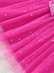 SHEIN Glamorique Kids Young Girl Summer Fairy Birthday Dress,Short Cap Sleeve Glitter Letter Print With Bowknot Waist Sparkly Mesh Kids Sparkle Dress - Hot Pink - View 5