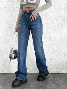 Cottnline Women's High Waist Flared Jeans With Cleaned Finish And Slanted Pockets - Blue - View 5