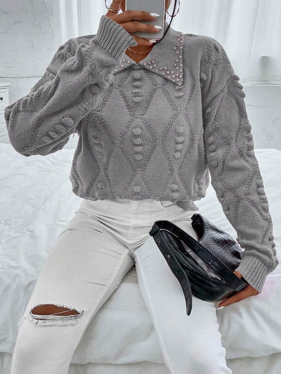 Chiquease 女士針織衣,鑽石裝飾的翻領
