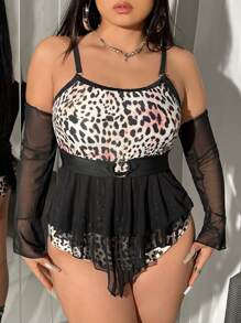Swim EVENT Plus Size Summer Beach Leopard Mesh Panel Cami Vest Style Tankini Set