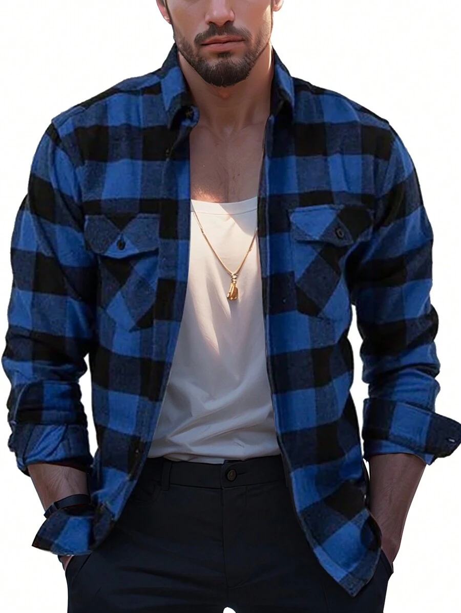 Men Buffalo Plaid Flap Pocket Shirt - Blue - View 1