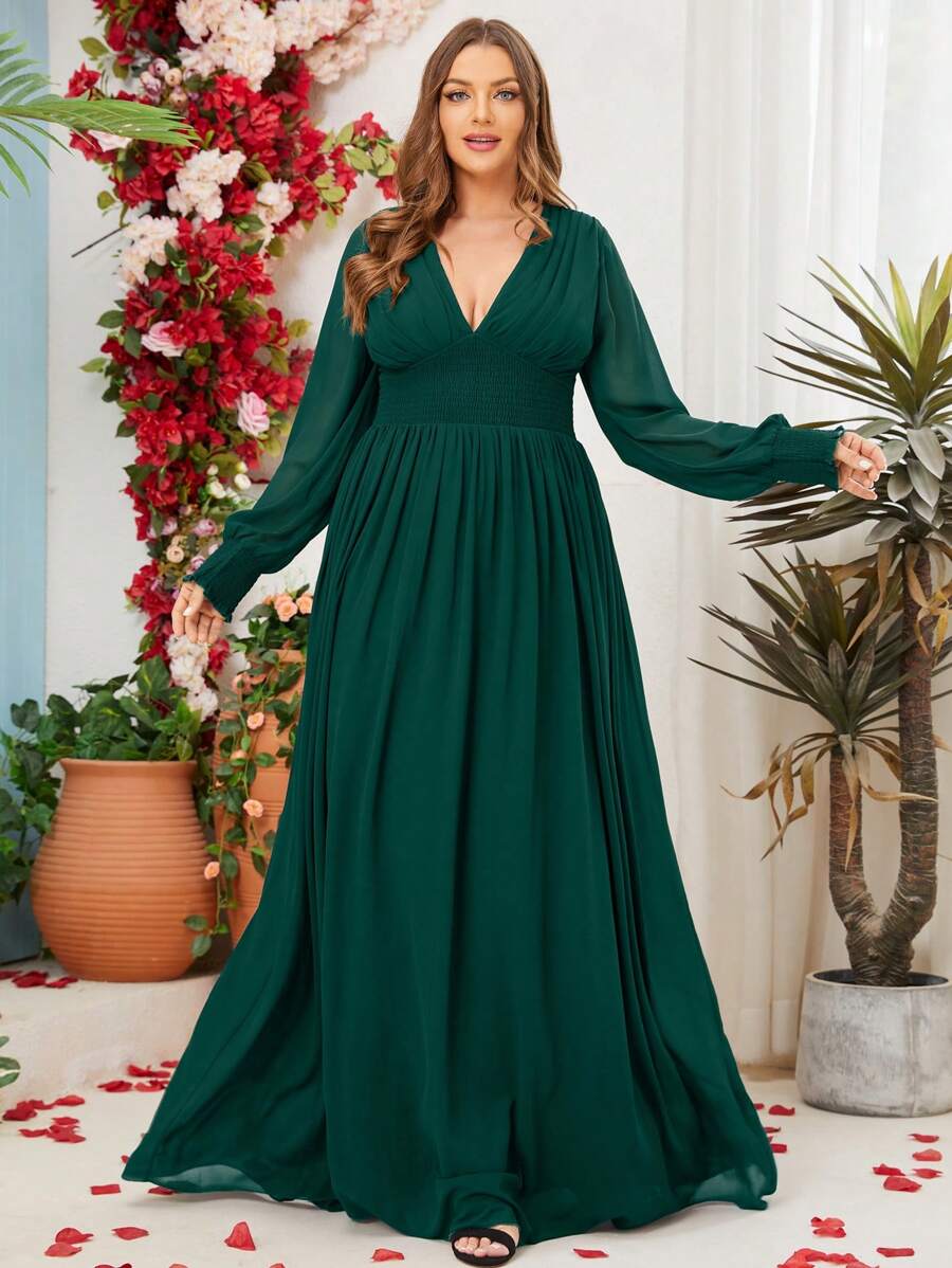 Plus Size V-Neck Burgundy Bridesmaid Dress Mother Of Bride/Groom Evening Formal Gowns - Dark Green - View 1