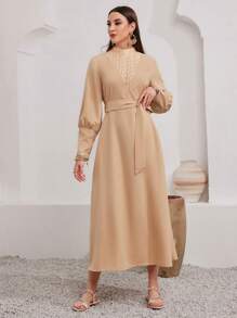 Mulvari Women's Stand-Up Collar Lace Splicing Waist Belt Arabian Dress