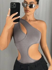 SHEIN ICON One Shoulder Cut Out Bodysuit - Grey - View 4