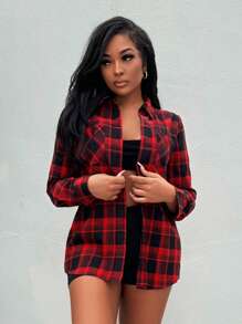 Slaydiva Camisa A Cuadros Rojos Para Mujer - Rojo - Ver 5