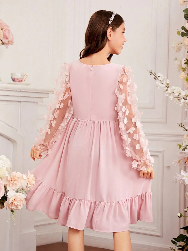 Tween Girls' Stand Collar Square Neck Contrast Mesh Dress With Embroidery, Puff Sleeves And Ruffle Hem