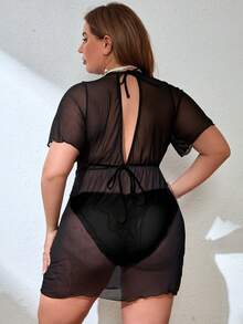 SHEIN Swim Curve 大尺碼女款網紗罩衫連身裙 - 黑色 - 查看 2