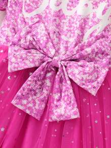 SHEIN Glamorique Kids Young Girl Summer Fairy Birthday Dress,Short Cap Sleeve Glitter Letter Print With Bowknot Waist Sparkly Mesh Kids Sparkle Dress - Hot Pink - View 4