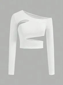 SHEIN ICON Áo thun dài tay cổ bất đối xứng khoét rỗng dành cho nữ - trắng - Xem 1