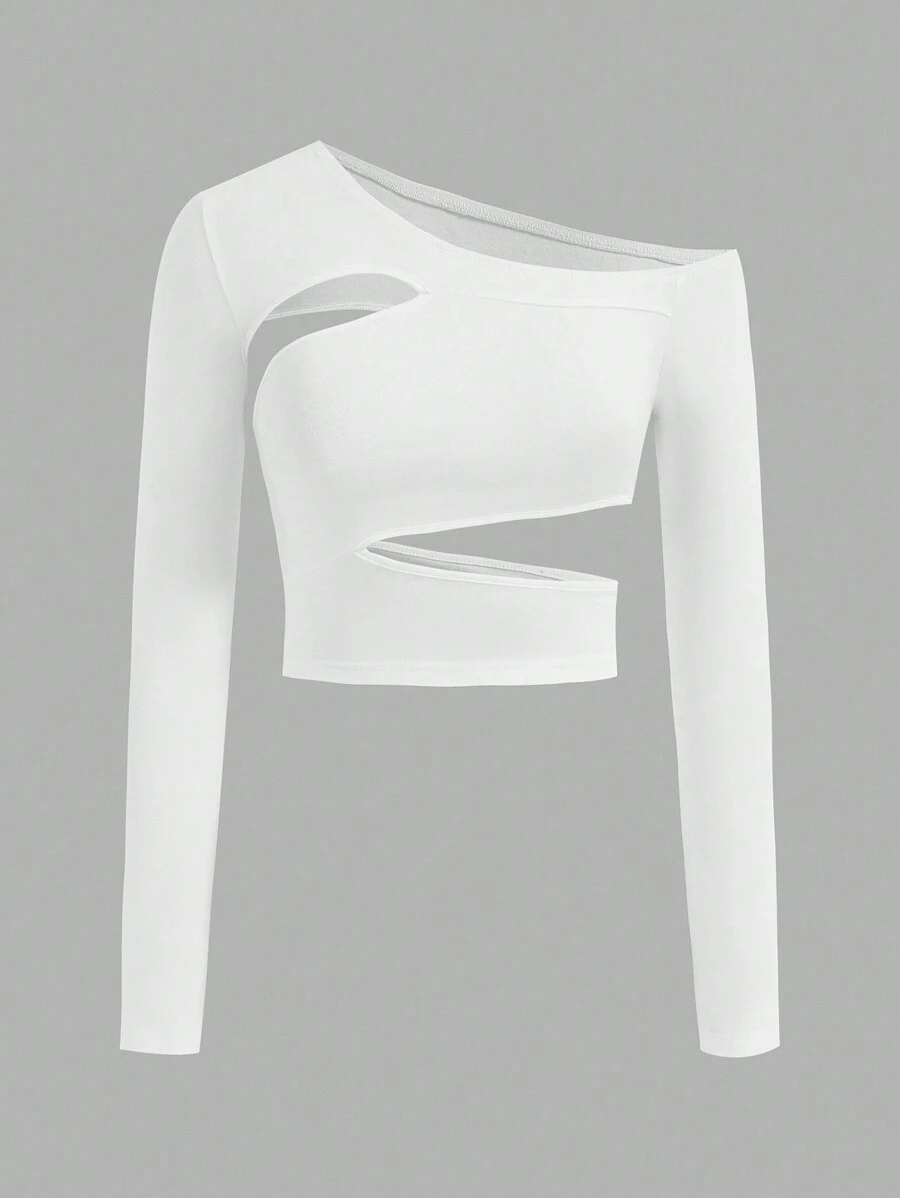 SHEIN ICON Áo thun dài tay cổ bất đối xứng khoét rỗng dành cho nữ - trắng - Xem 1