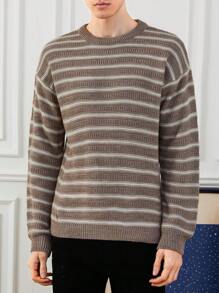 RueChic Men's Round Neck Striped Sweater - Beige - View 4