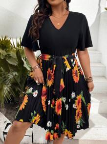 Breezaya Vestido De Talla Grande Para Mujer Con Estampado De Girasoles Y Dobladillo Con Volantes - Negro - Ver 3