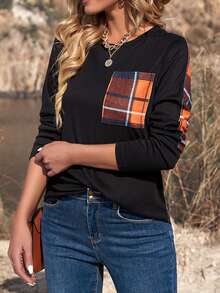 Women Plaid Patchwork Long Sleeve Shirt Top With Pocket - Black - View 1