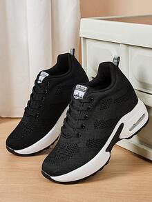 Women's Fashionable Personalized Daily Casual Sport Shoes With Breathable, Slip-Resistant, Height Increasing, Wear-Resistant Features And Wedge Heels - Black - View 5