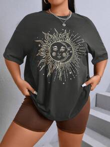 SHEIN EZwear Women'S Plus Size Sun With Face Printed Round Neck T-Shirt - Grey - View 4