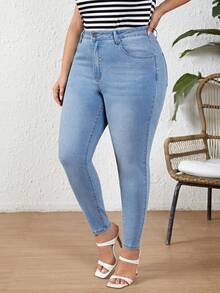 SHEIN LUNE 女式大尺碼淺色高彈緊身牛仔褲 - 淺色水洗藍 - 查看 4