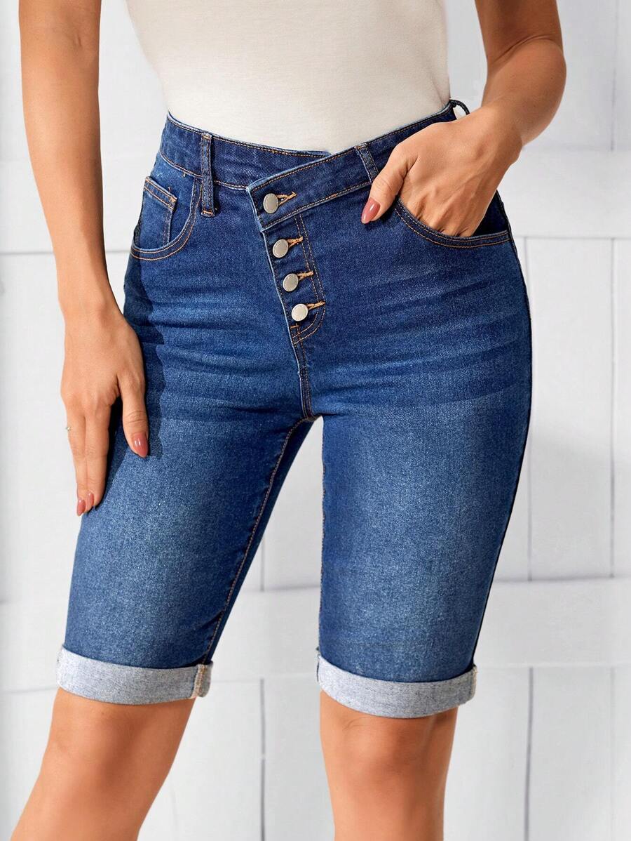 SHEIN LUNE Shorts de mezclilla con botones volados, cintura asimétrica y bajo enrollado para mujer - Azul lavado oscuro - Ver 1