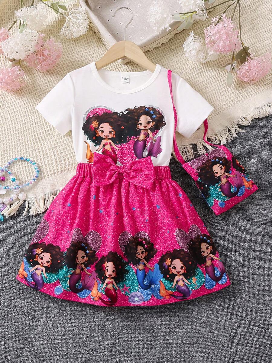 SHEIN Young Girl Mermaid Printed Sweet T-Shirt And Skirt With Shoulder Bag 2pcs/Set Spring/Summer New Arrival,Holiday,Summer,Travel - Multicolor - View 1