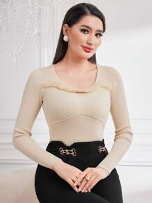 Seusyu Women Sweaters Kontras Faux Fur Rib-Knit Plain Casual - Aprikot - View 1