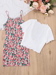 SHEIN Teen Girl' Knitted Ribbed Crop Top And Floral Cami Dress Casual 2pcs Set - Multicolor - View 2