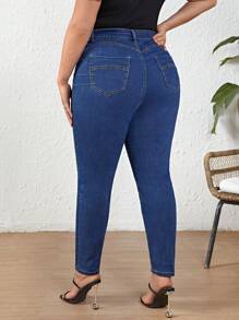 SHEIN LUNE Plus Size High Waisted Butt Lifting Skinny Jeans - Blue - View 1