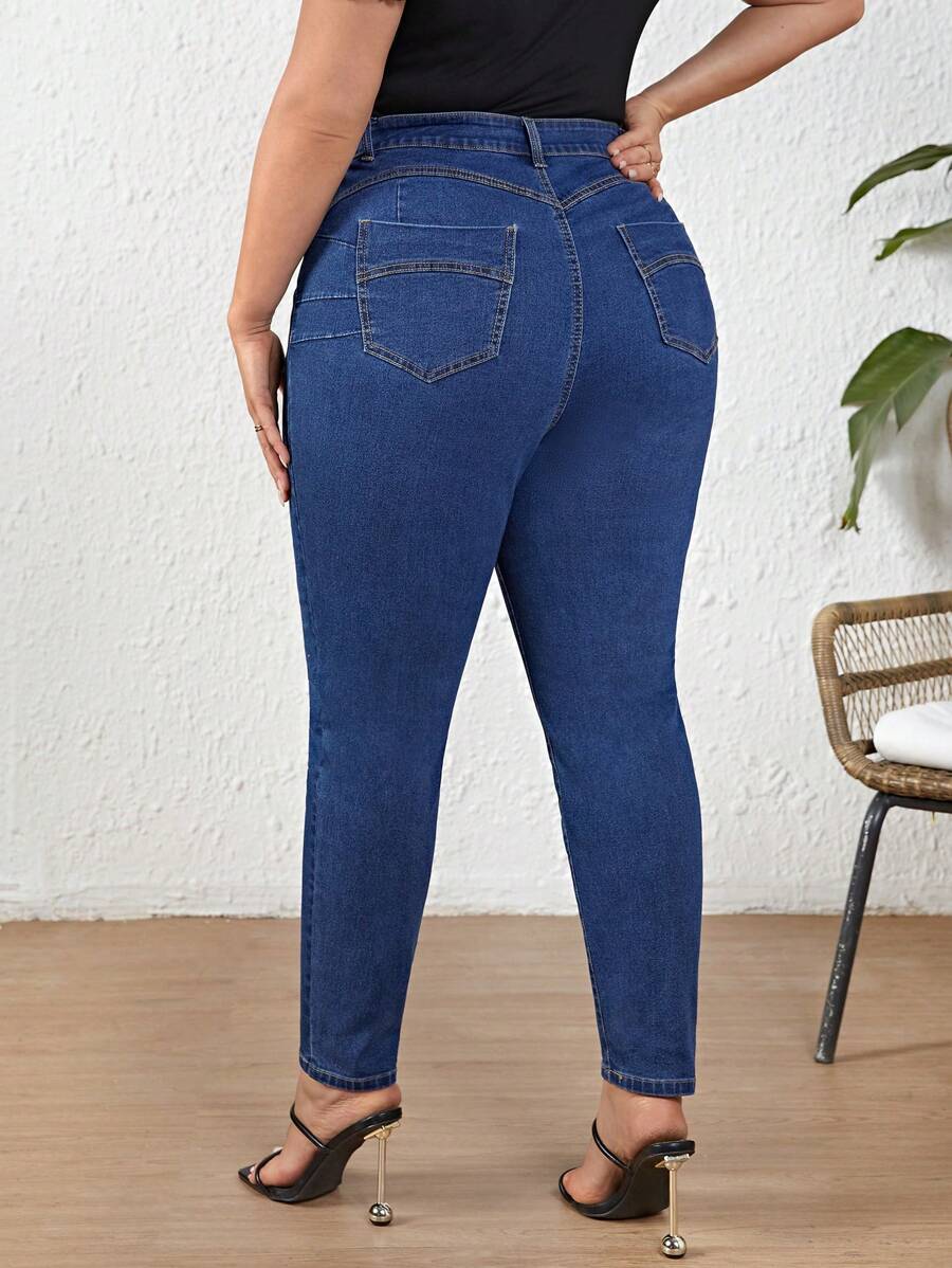 SHEIN LUNE Plus Size High Waisted Butt Lifting Skinny Jeans - Blue - View 1