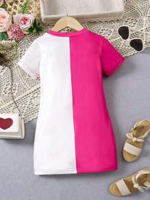 SHEIN 春夏季少女可愛風格漫畫印花短袖連衣裙,圓領對比色 - 玫紅色 - 查看 2