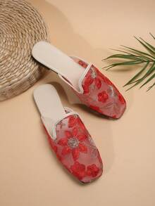 女士夏季时尚刺绣网眼拖鞋，部分包趾凉拖 - 玫紅色 - 查看 4