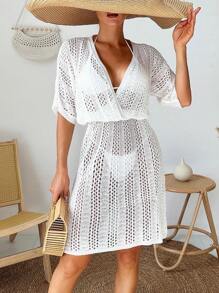 SHEIN Swim 1 件女式针织罩衫连衣裙，带围脖领口和孔眼细节，夏季 - 白色 - 查看 2