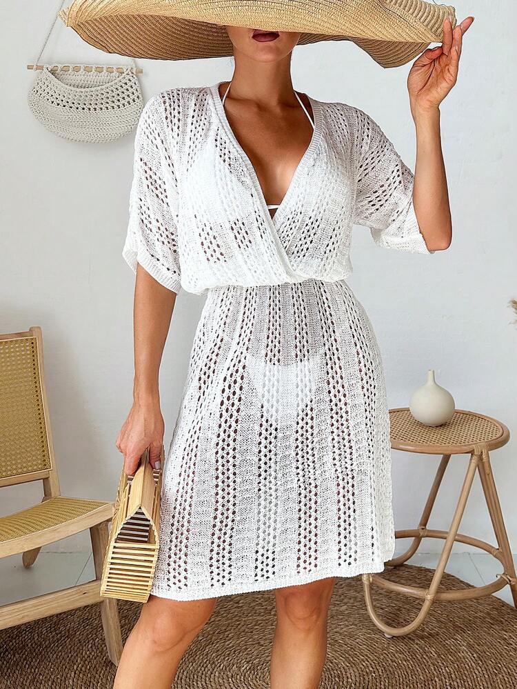 1pc Women's Knit Cover Up Dress With Wrap Neckline And Eyelet Details Summer