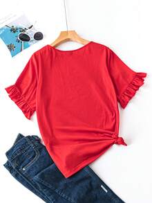 SHEIN LUNE 大尺碼愛心圖案荷葉邊短袖 T 卹 - 紅色 - 查看 2