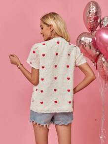 SHEIN LUNE 夏季情人節白色短袖女裝襯衫，心形圖案設計