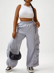 Flirla Plus Size Solid Color Cargo Pants With Pleated Detail Fall Cloth For Women - Light Grey - View 5
