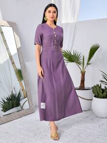Seusyu Button Front Belted A-line Dress - Purple - View 5