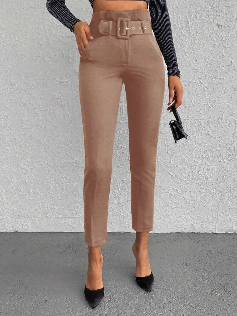 RueChic High Waist Belted Cropped Suit Pants - Camel - View 1