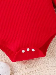 SHEIN Baby Girls' Ribbed Long Sleeve T-Shirt And Bear Embroidered Suspender Skirt Set